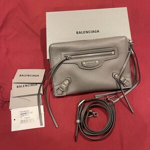 Balenciaga Gray Pebbled Leather Crossbody with Zipper Pocket